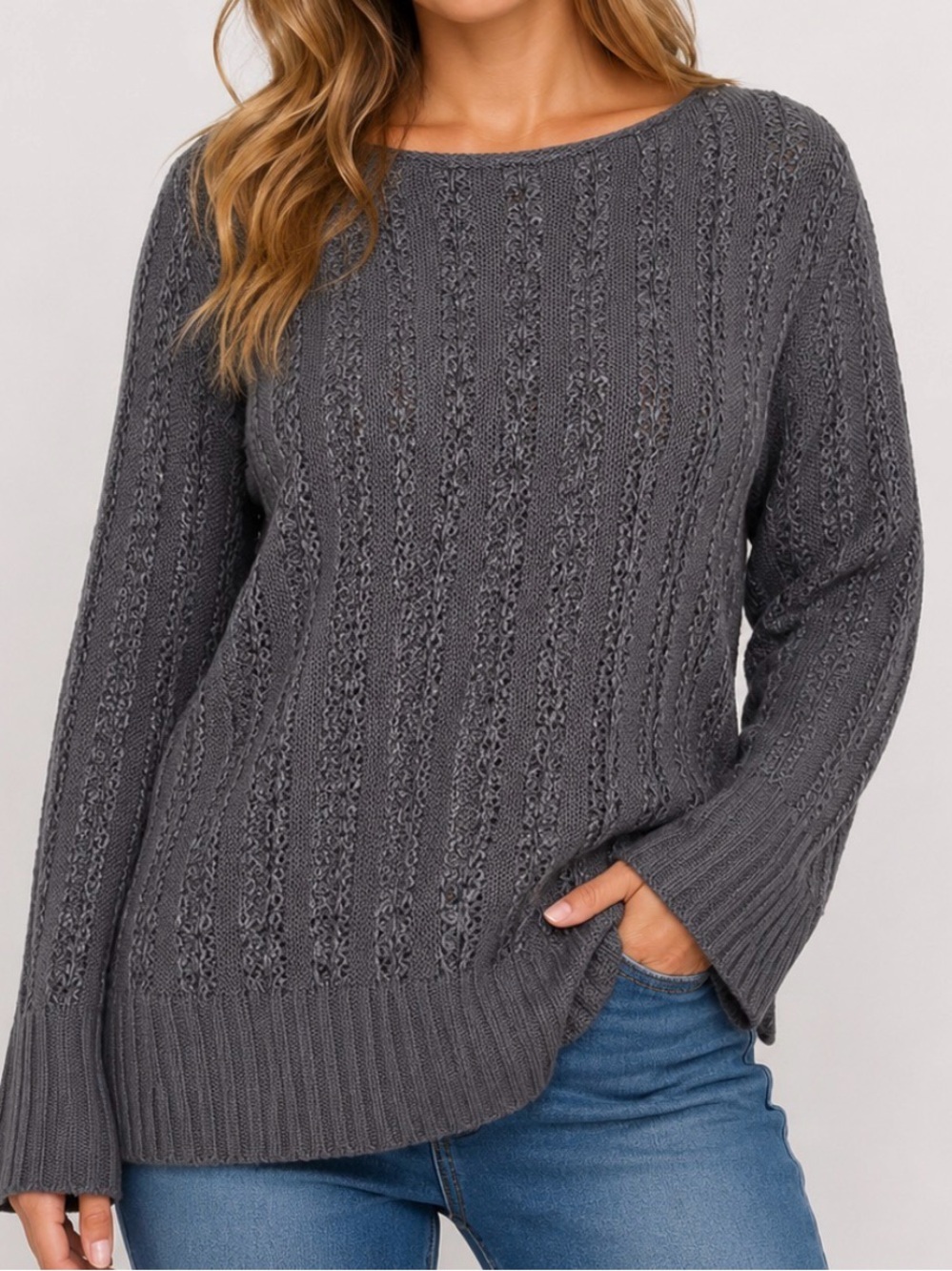 Carol Rose Women’s Charcoal Gray Open Knit Sweater ribbed SZ LG